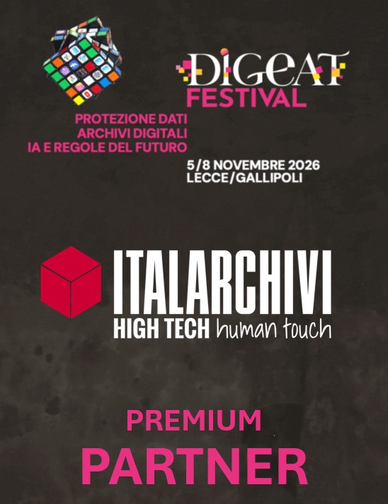 Locandina DIGEAT Festival 2026: protezione dati, archivi digitali, IA e regole del futuro. 5/8 novembre, Lecce/Gallipoli. Italarchivi Premium Partner.